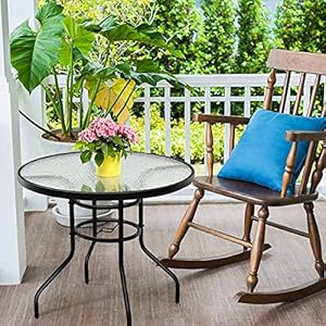 MKDLUFEI 32" Patio Table Outdoor Round Bistro Table, All Weather Outside Patio Dining Table with Umbrella Hole, Coffee Dining Tabel with Tempered Glass for Lawn Balcony… MKDLUFEI 32 Patio Table Outdoor Round Bistro Table All Weather Outside Patio Dining Table with Umbrella Hole Coffee Dining Tabel with Tempered Glass for Lawn Balcony