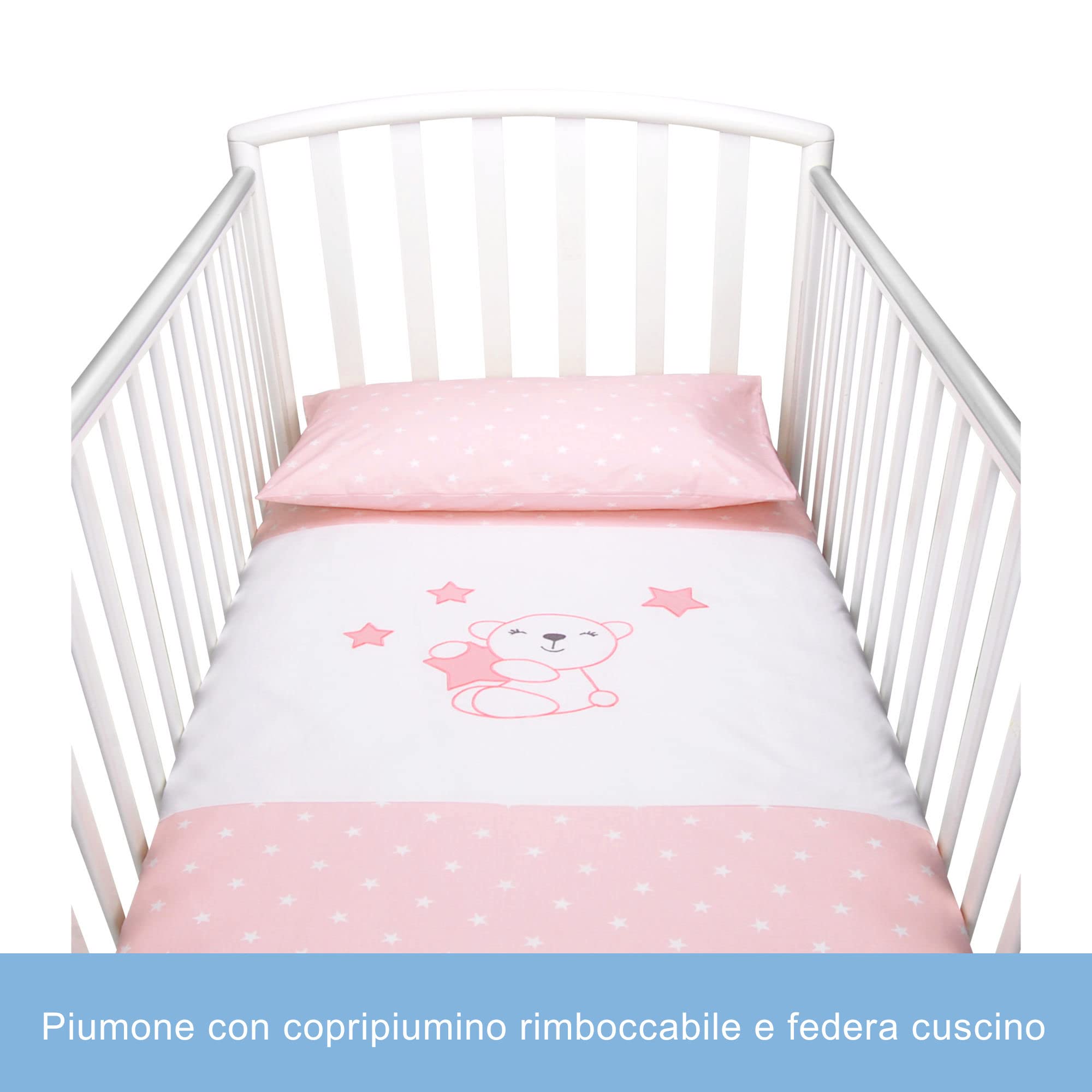 Babysanity- Set Paracolpi Lettino Alta Traspirabilità Piumino Copripiumino Sfoderabile Federa 100% Cotone Made in Italy (Piccole Stelle Rosa)