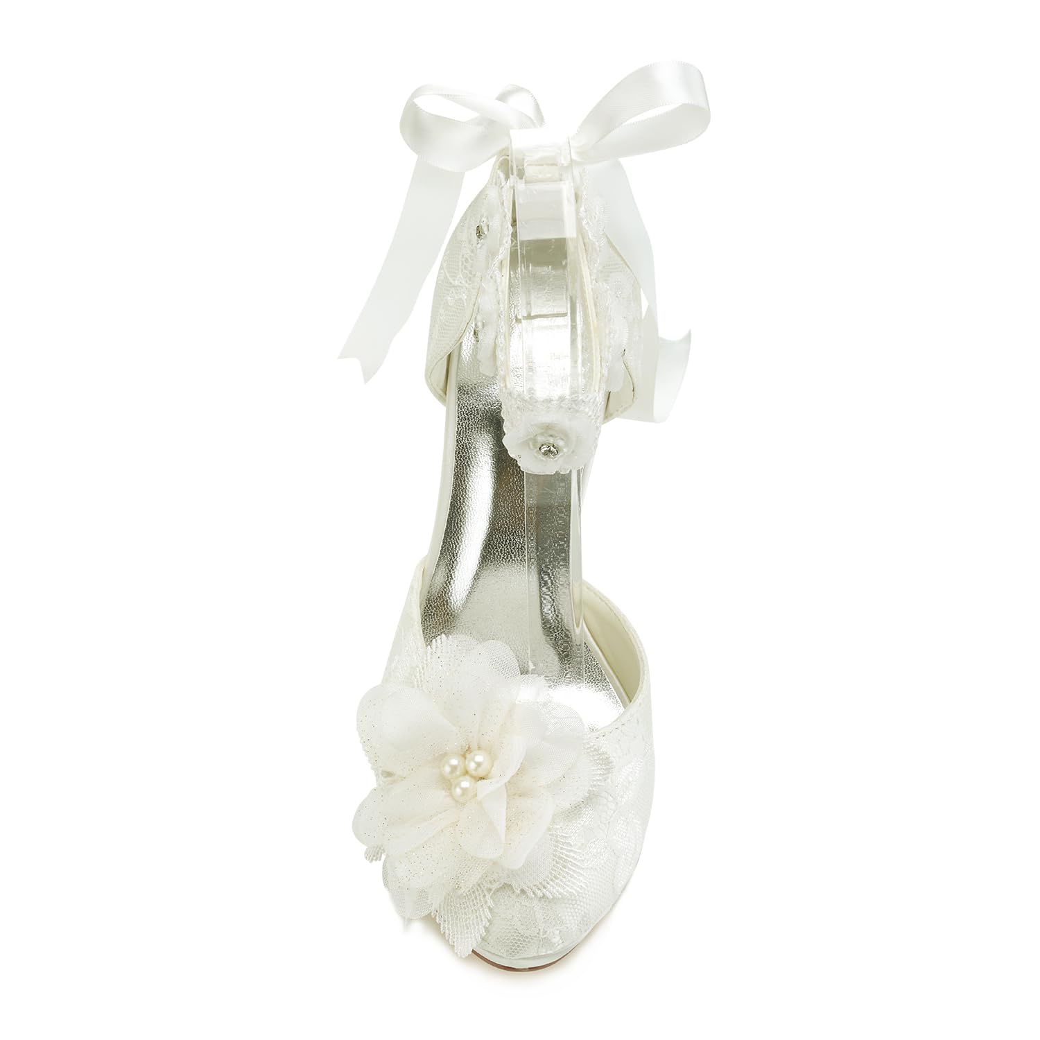 JIAJIA 3703L Scarpe da Sposa da Donna Punta Chiusa 10cm Tacco a Spillo Pizzo Satinato Piattaforma Pompe Raso Fiore Cravatta a Nastro Scarpe da Sposa