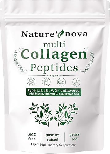 Miniatura 1 de Nature's Nova Polvo de péptidos de colágeno múltiple - Tipo I, II, III, V, X con biotina, ácido hialurónico, vitamina C - Sin sabor, fácilmente