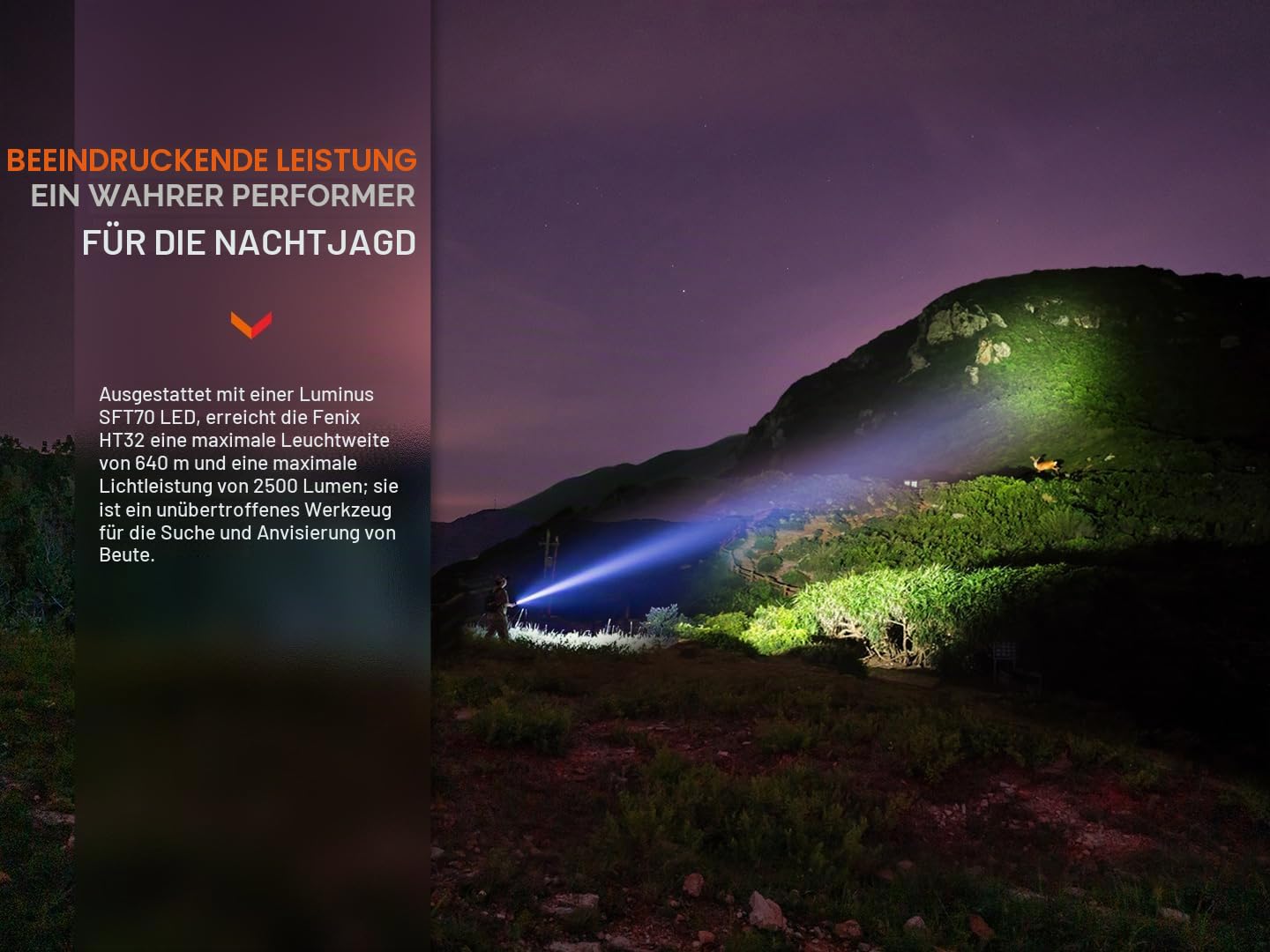 FENIX HT32 LED Jagd Taschenlampe mit max. 2.500 Lumen Weißlicht, 400 Lumen Rotlicht, 1.400 Lumen Grünlicht mit 5.000mAh Akku + USB-C Ladekabel