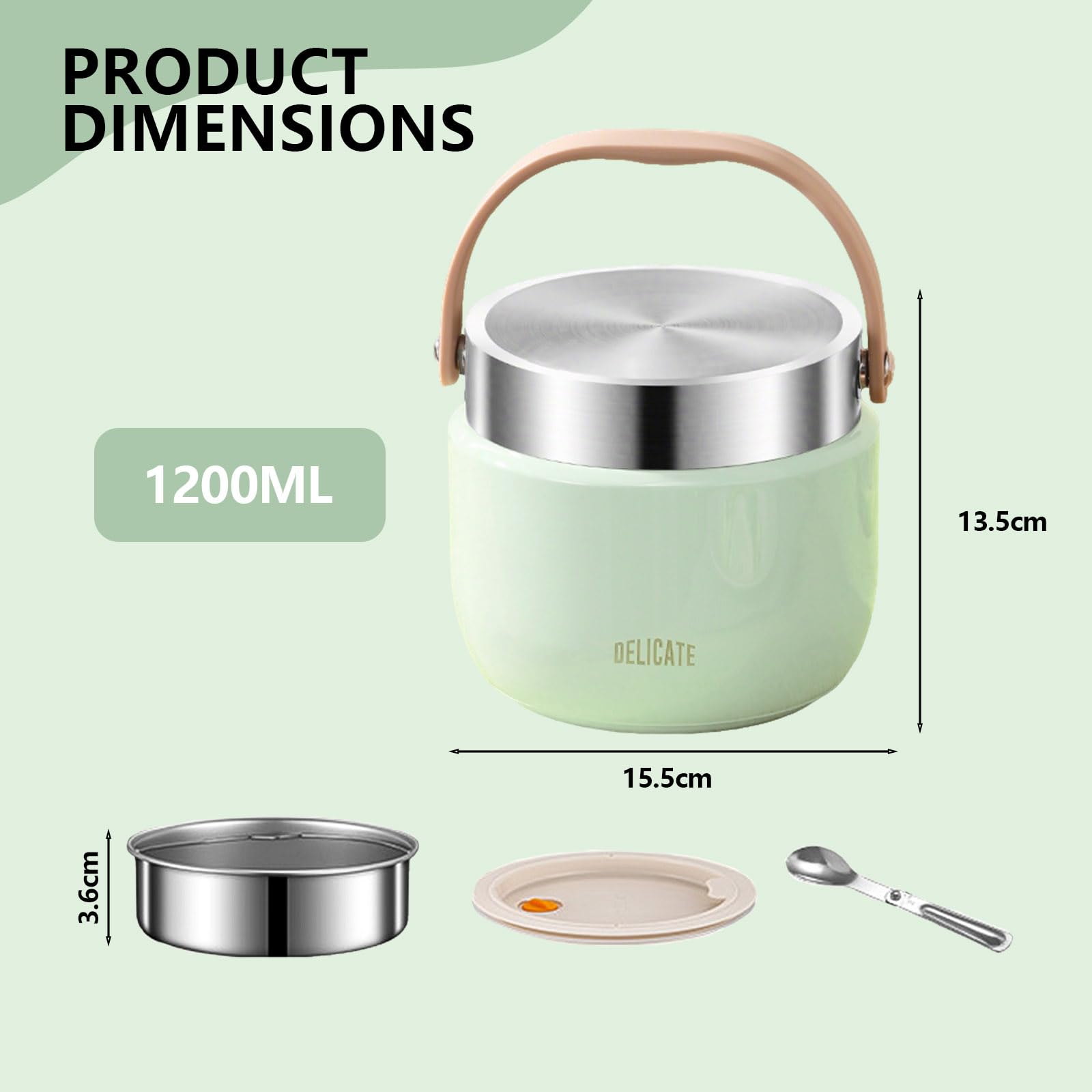1200ml Contenitore Termico per Alimenti Caldi, Portavivande Termico in Acciaio Inossidabile con Maniglia, Thermos per Alimenti con Cucchiaio Pieghevole, Ideale per Zuppe, Pasta, Riso (Verde)