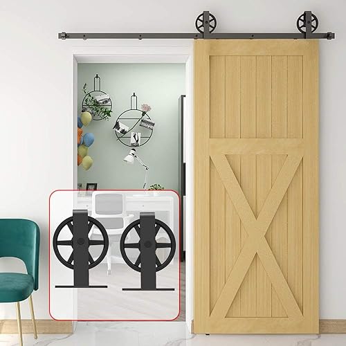 Miniatura 2 de Kit de rieles de 98-25 pulgadas para puerta corrediza de granero, rodillo de rueda negro básico para puertas individuales, sistema de rieles de