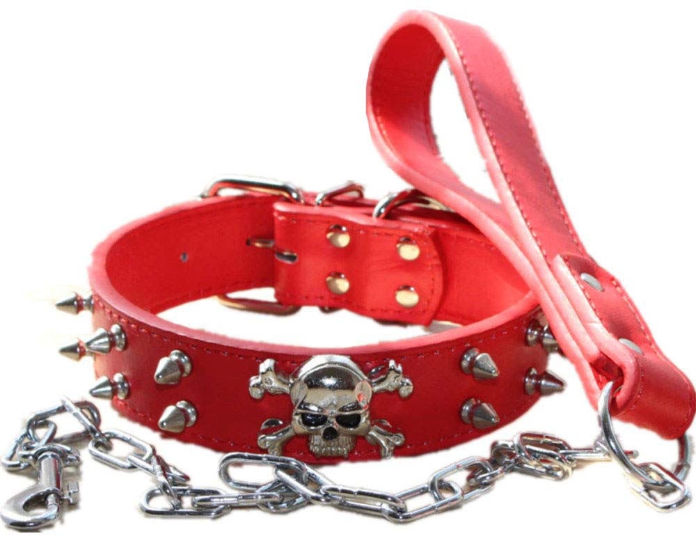 Juego de correa de cuero para perro de 3 cm de ancho, para perros de 3 cm de ancho, para mastiff Terrier Pitbull Husky (L, rojo)