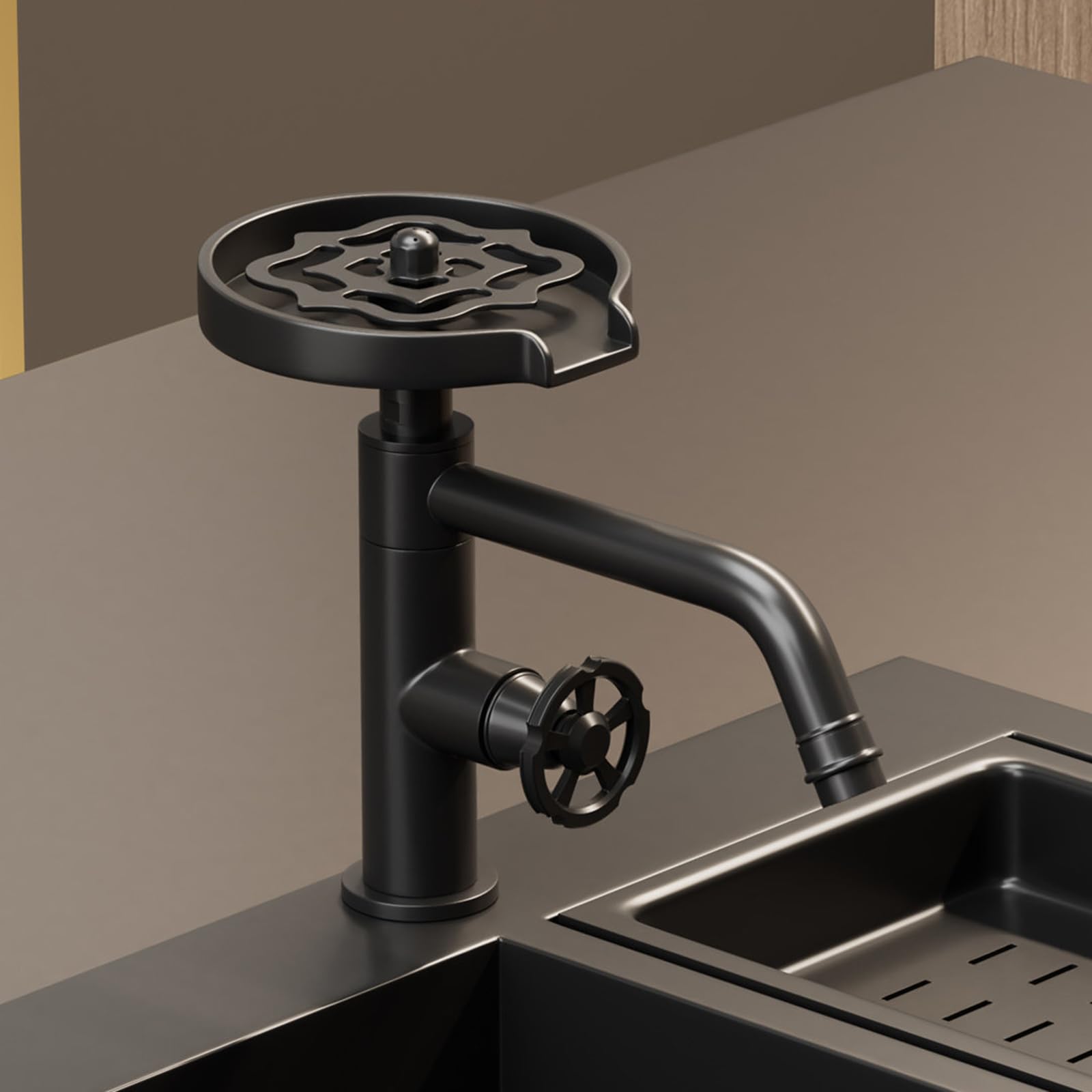 Lavavasos, Lavavasos para Fregadero, Lavavasos Automático De Alta Presión con Caño Giratorio 360°, Cuerpo De Latón, Grifo Monomando De Agua Fría/fría, Ideal para Black