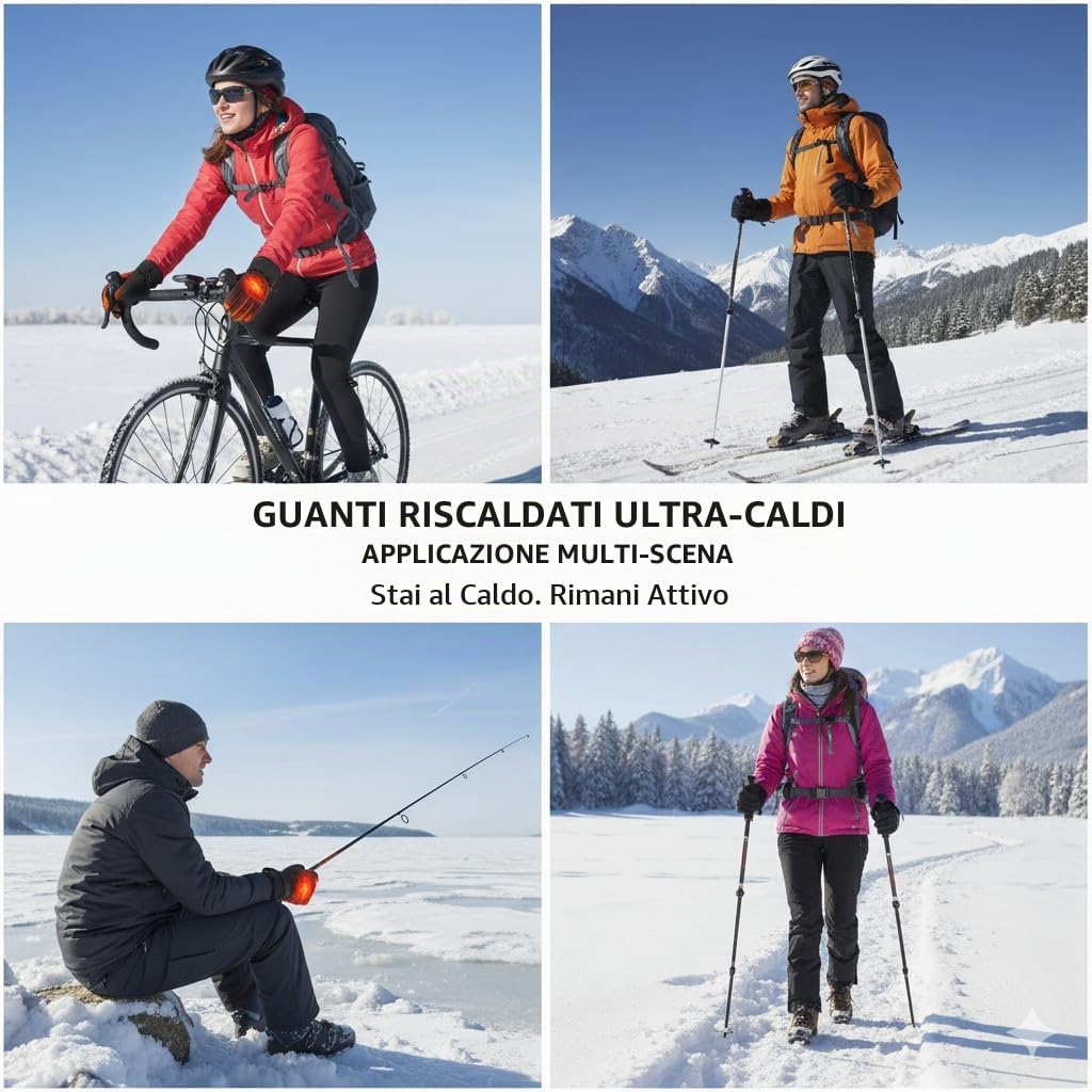 Guanti Riscaldati Uomo e Donna per Moto e Sci, Guanti Termici Elettrici con Batteria 3000mAh, Touchscreen, Impermeabili per Ciclismo, Pesca, Trekking
