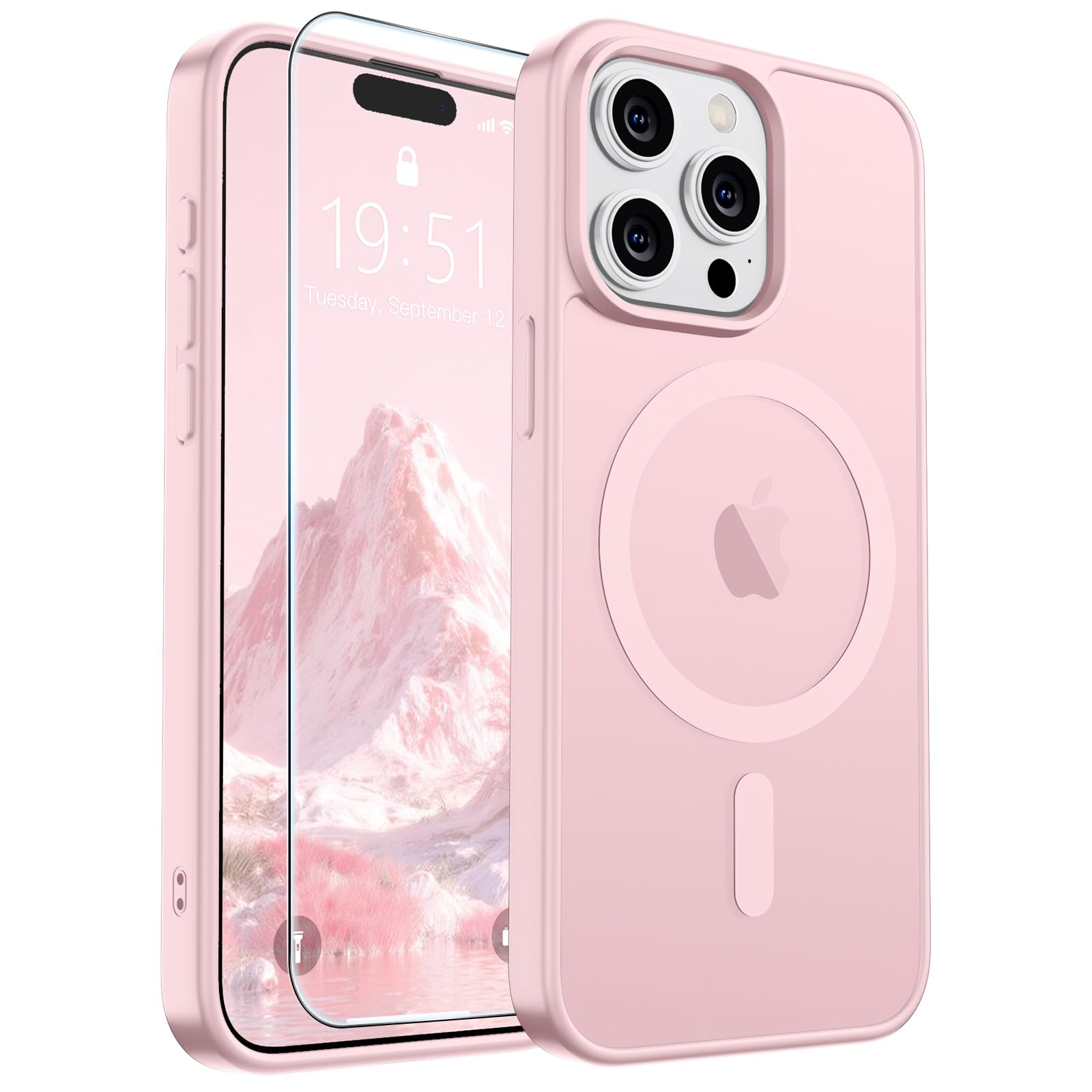 SUPFINE Magnetic for iPhone 15 Pro Case Light Pink | With Screen Protector, Translucent Matte, Compatible with MagSafe, Military Grade Drop Proof, Rugged Shockproof Protective