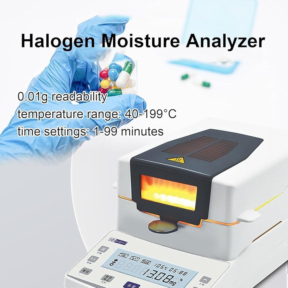 Analizador de humedad halógeno digital, ajustable de 40 a 199 °C, temporizador de 1 a 99 minutos para pruebas de laboratorio de alimentos, granos y farmacéuticos