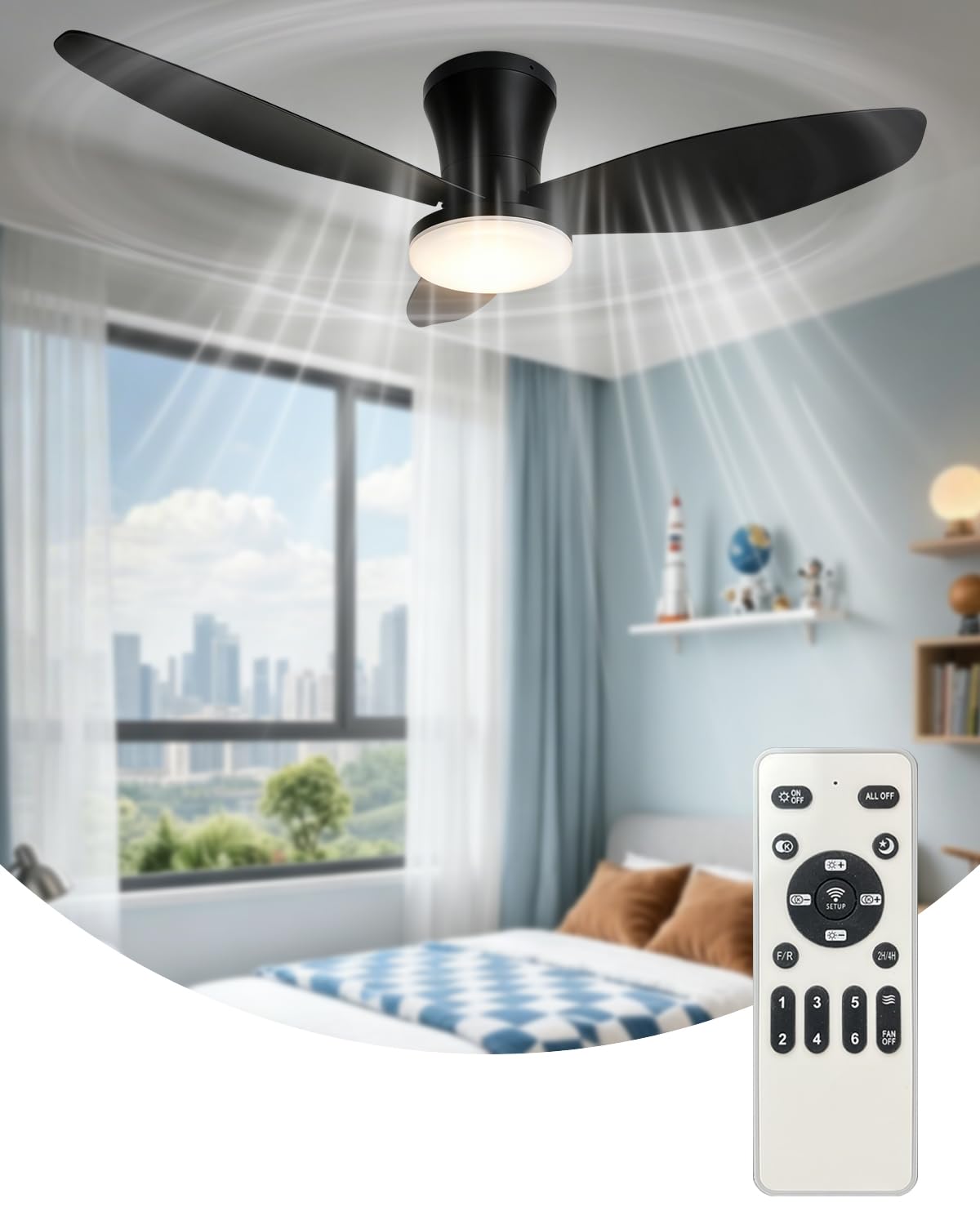 88cm Ceiling Fans with Lights and Remote For Bedrooms (Black 3-Blade)