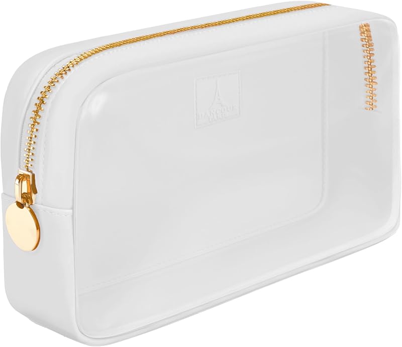 DANCOUR Necessaire de maquiagem transparente branca com zíper, pequena, 20,07 cm x 5,08 cm x 12,7 cm, 1 unidade