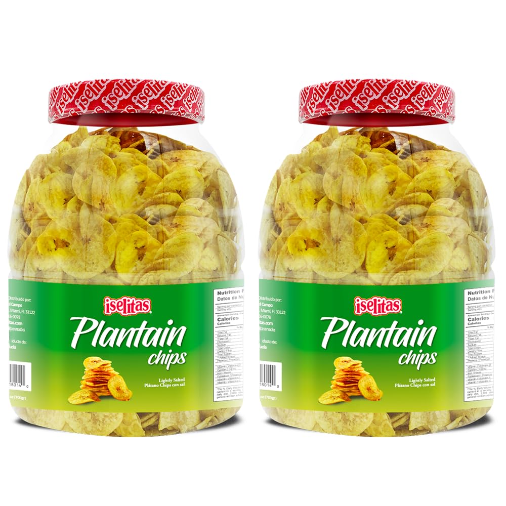 Iselitas | Plantain chip Salted Party Size Jar | Thin & Crispy | Light Salted, Plantain Chips | Farm Packed | Gluten Free | 2 jar | NET WT. 26.45OZ (