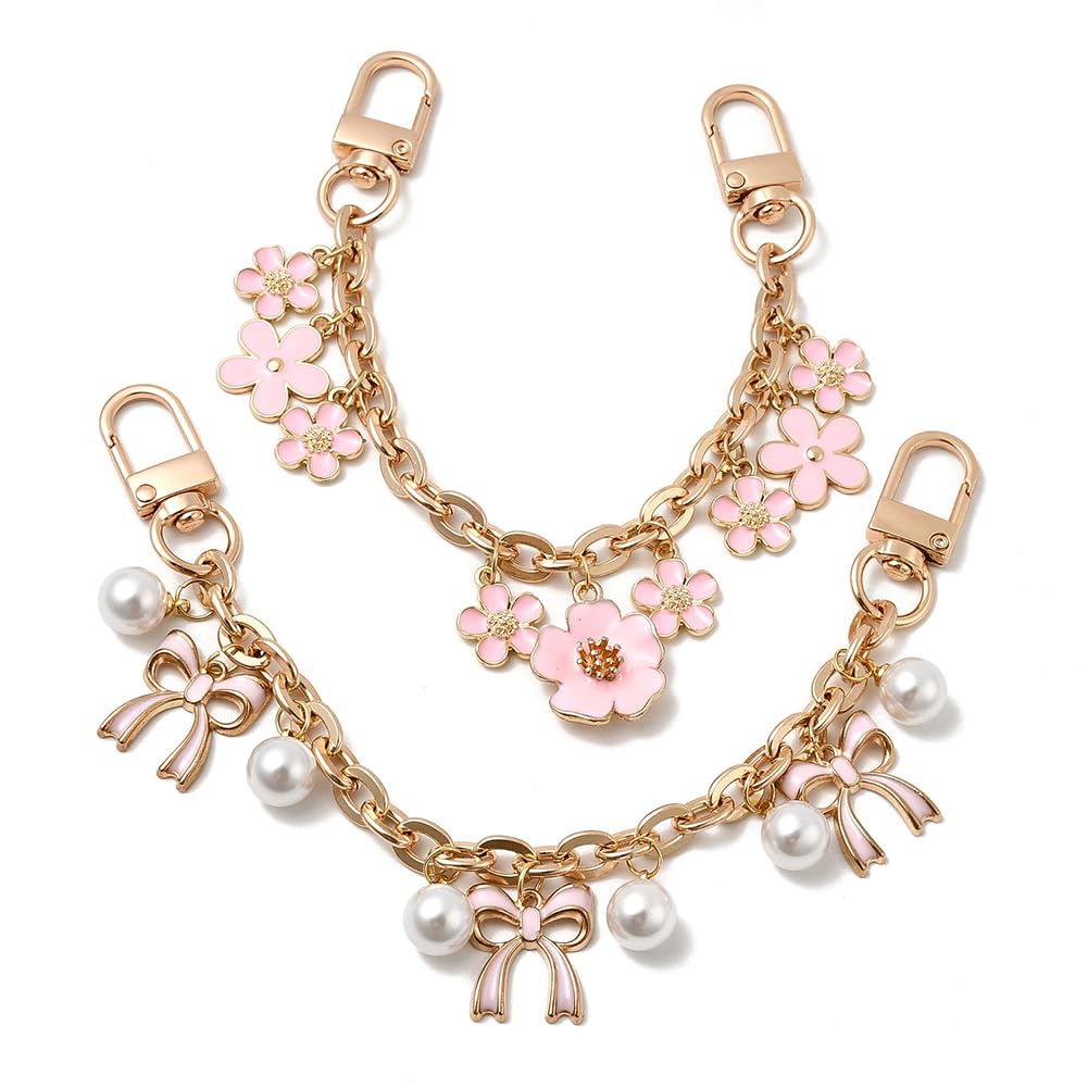 SUNNYCLUE 2Pcs 20.7 to 21cm Bow Handbag Chain Flower Bag Extender Chain Set Gold Short Conquette Cute Bowknot Charms Shoulder Handle Strap Replacement Extension for Purse Crossbody Accessories Wedding
