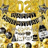 Humairc Silvester Deko 2023 Happy New Year Deko Set XL 2023 Nummer Folienballon Flaschenballon, Banner, Luftballon, Glitzer Vorhänge, Foto Requisite Party Dekoration Set