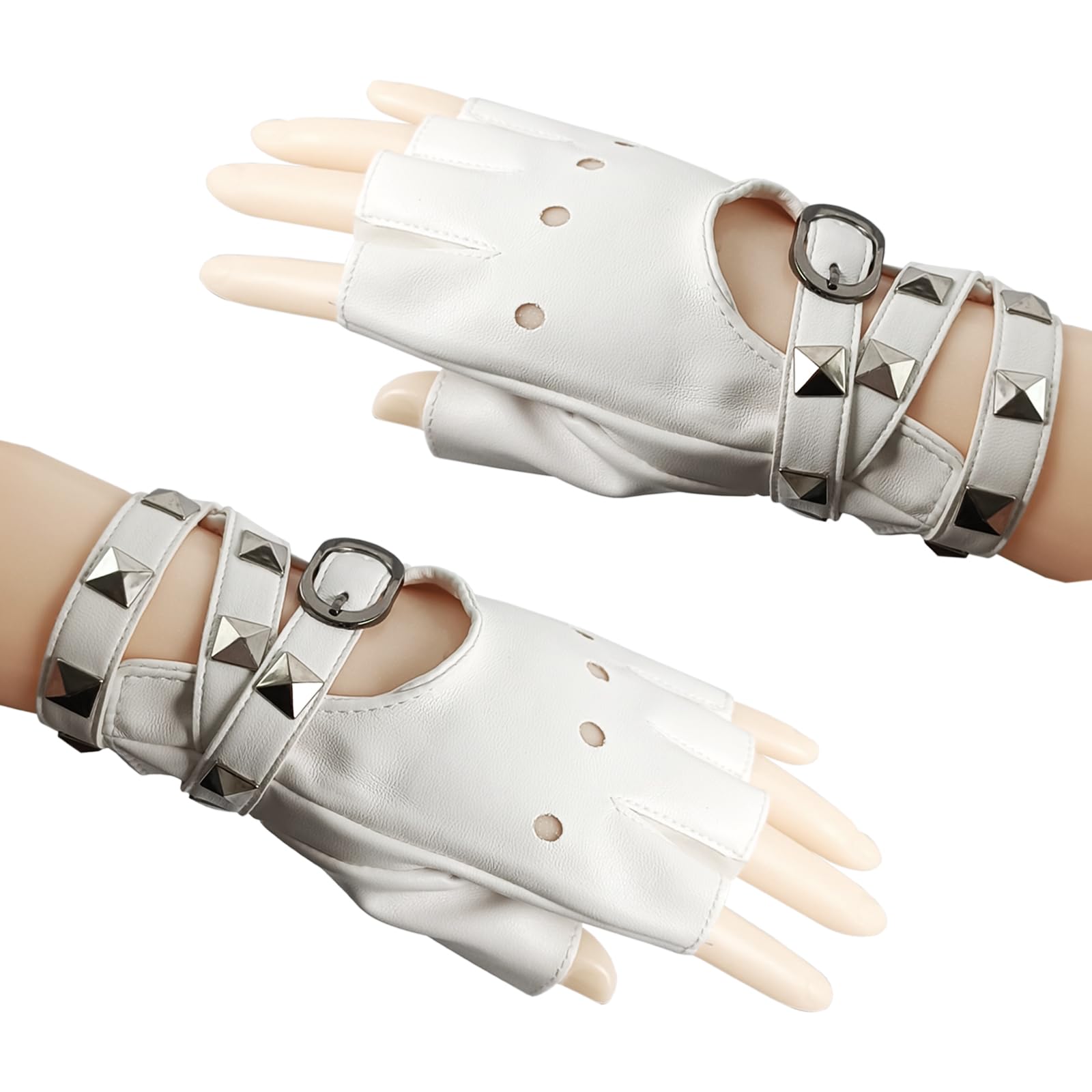 EaciTown Punk Gloves Gothic Gloves Faux Leather Halloween Rivet Glove Emo Y2k Glovee Sence Accessory Motorcycle Glove (White)