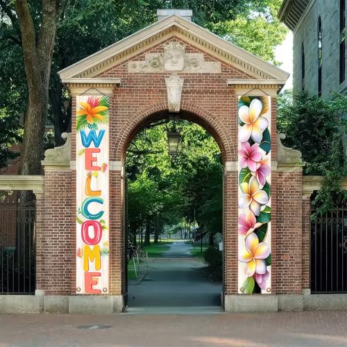 Image of BlissYard 2pcs Welcome Summer Door Banner Porch Sign Hawaiian Decorations Hawaiian Banner Hibiscus Colorful Spring Summer Decor Wall Hanging Banners for Outdoor Home Tropical Party Decor Supplies
