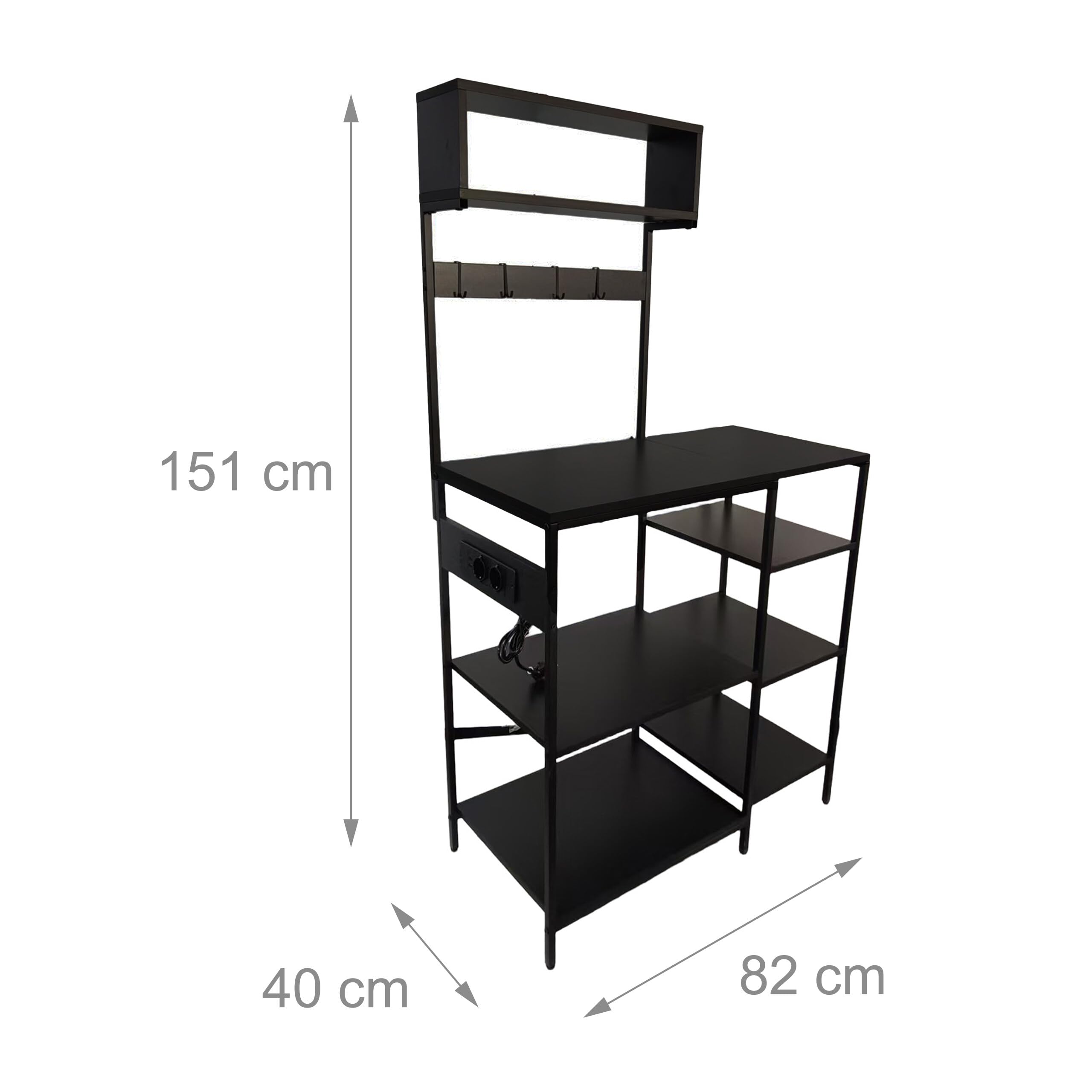 Relaxdays Mobile Cucina Effetto Legno con Presa USB, 151x82x40 cm, per microonde, Nero