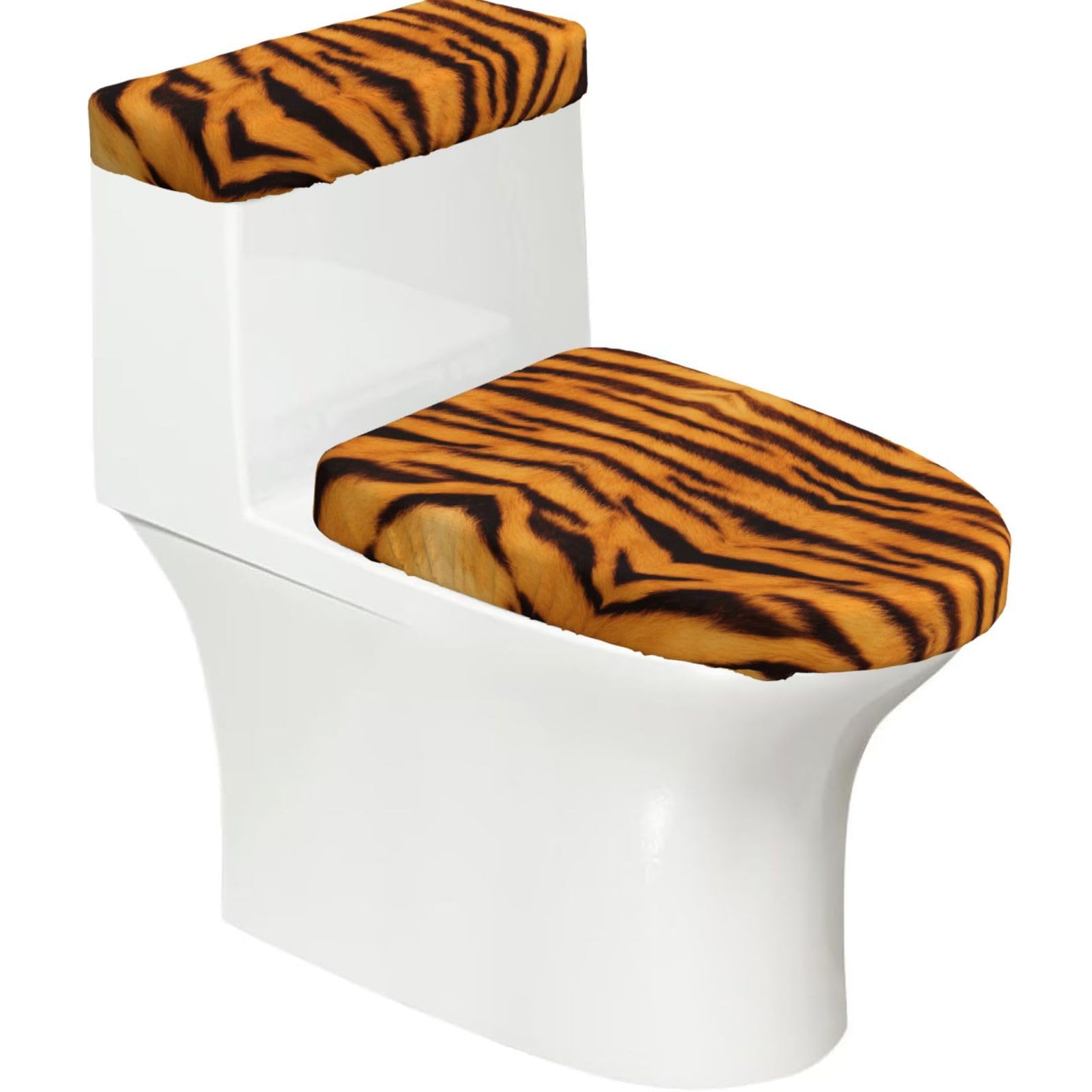 Tiger Striped Pattern Printed Toilet Tank and Lid Cover Set of 2 for Most Bathrooms, Fits Elongated Round Toilets