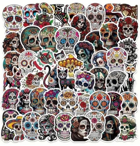 Lot de 50 stickers autocollants thème tête de mort fun, calavera, santa muerte style mexicain.