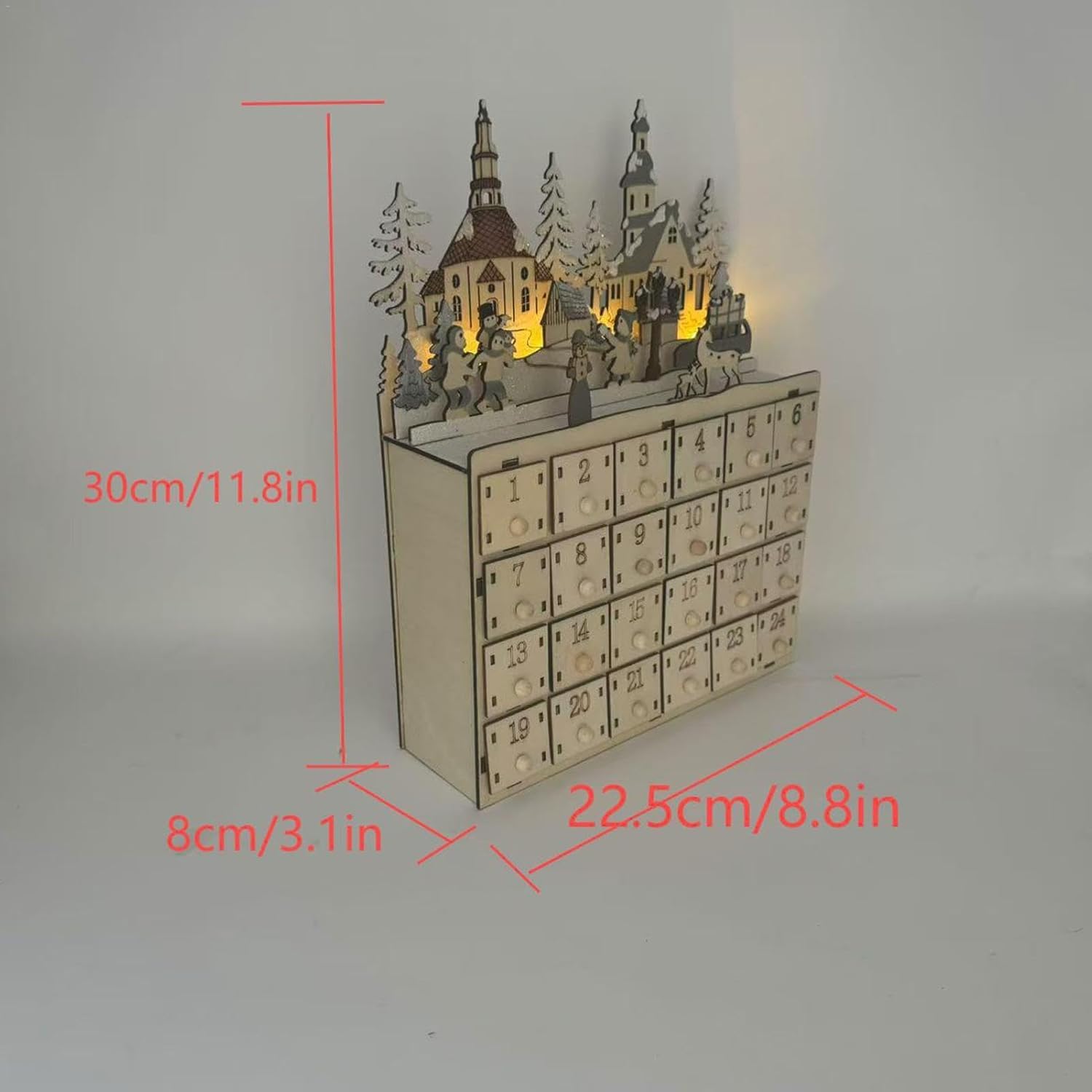 Adventskalender aus Holz, mit 24 Schubladen und LED-Lichtern, Countdown Kalender, Dekorative und Funktionale Geschenkaufbewahrung für Kinder (30x22x8cm)