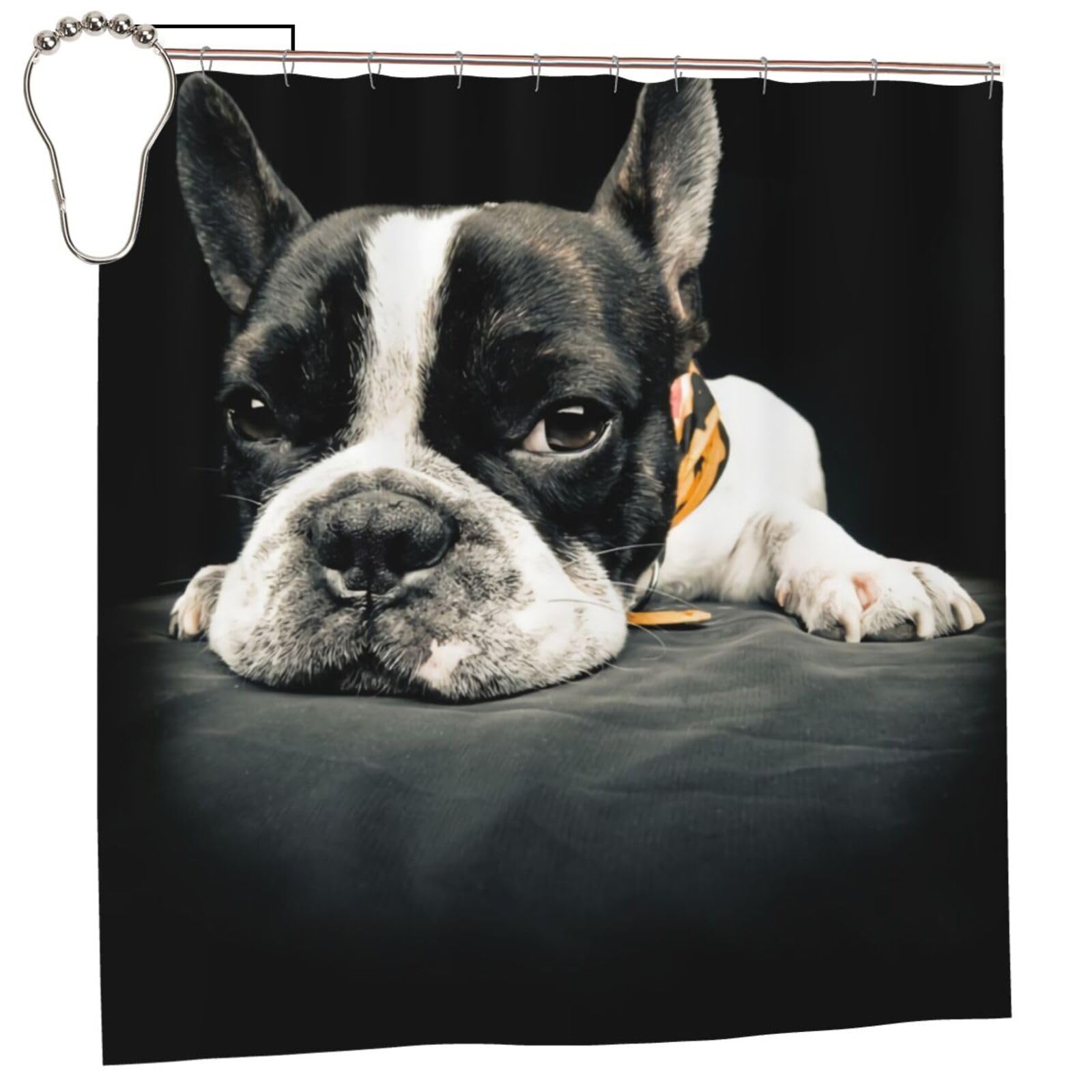 Rideau de douche bouledogue français TOMPPY en polyester imperméable pour baignoire