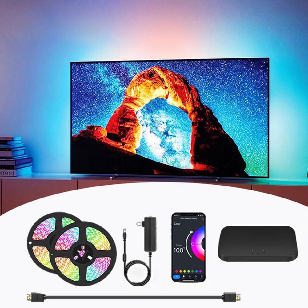 Striscia LED for sincronizzazione Schermo con Scatola di sincronizzazione HDMI,Striscia Gioco Colorata RGBIC,Striscia di Illuminazione Ambientale for Display 75-90 Pollici