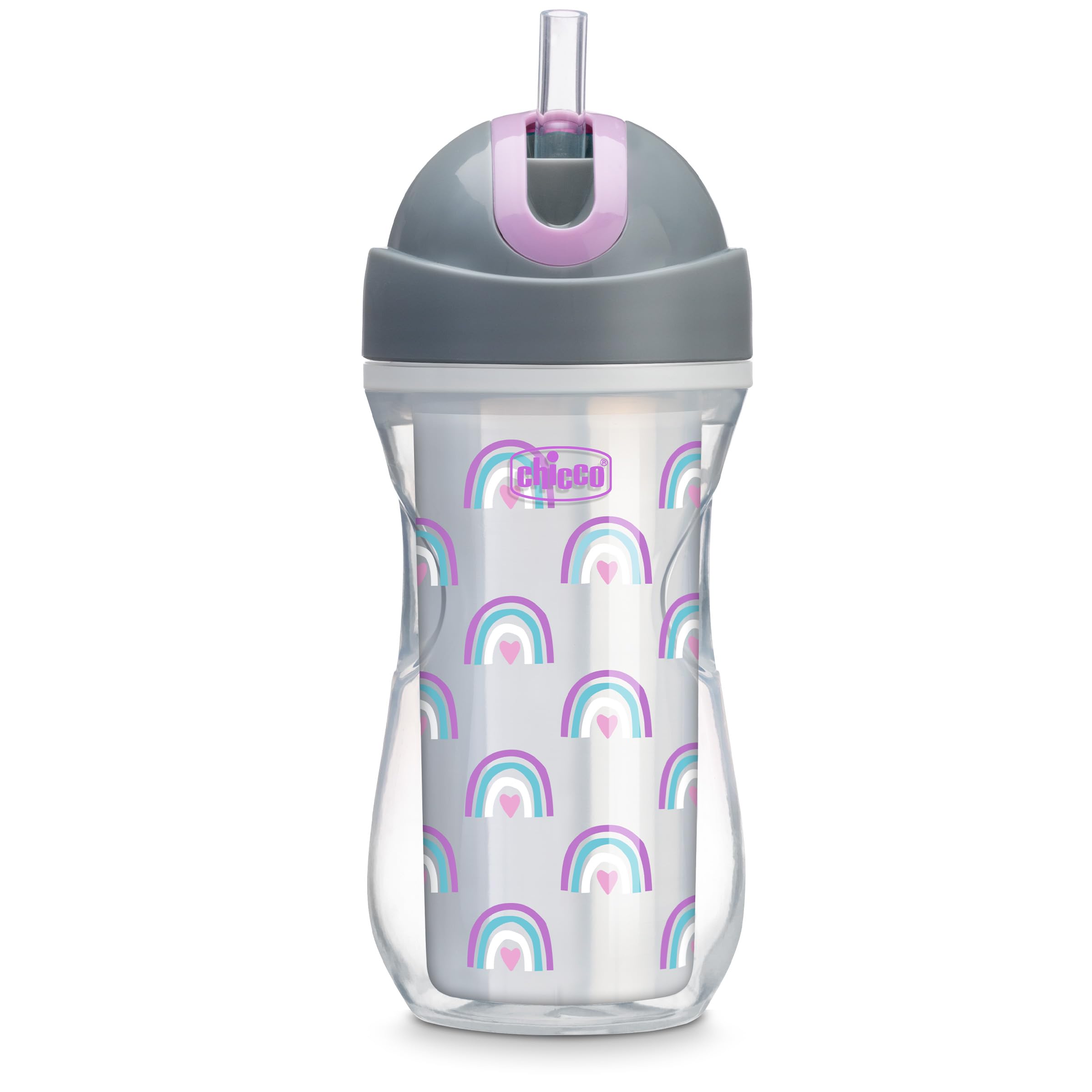 Chicco Double Wall Insulated Flip-Top Sippy Cup with Silicone Straw and Spill-Free Lid 9oz. | Top-Rack Dishwasher Safe | Easy to Hold with Ergonomic Indents | Rainbow Silver/Purple | 12+ Months