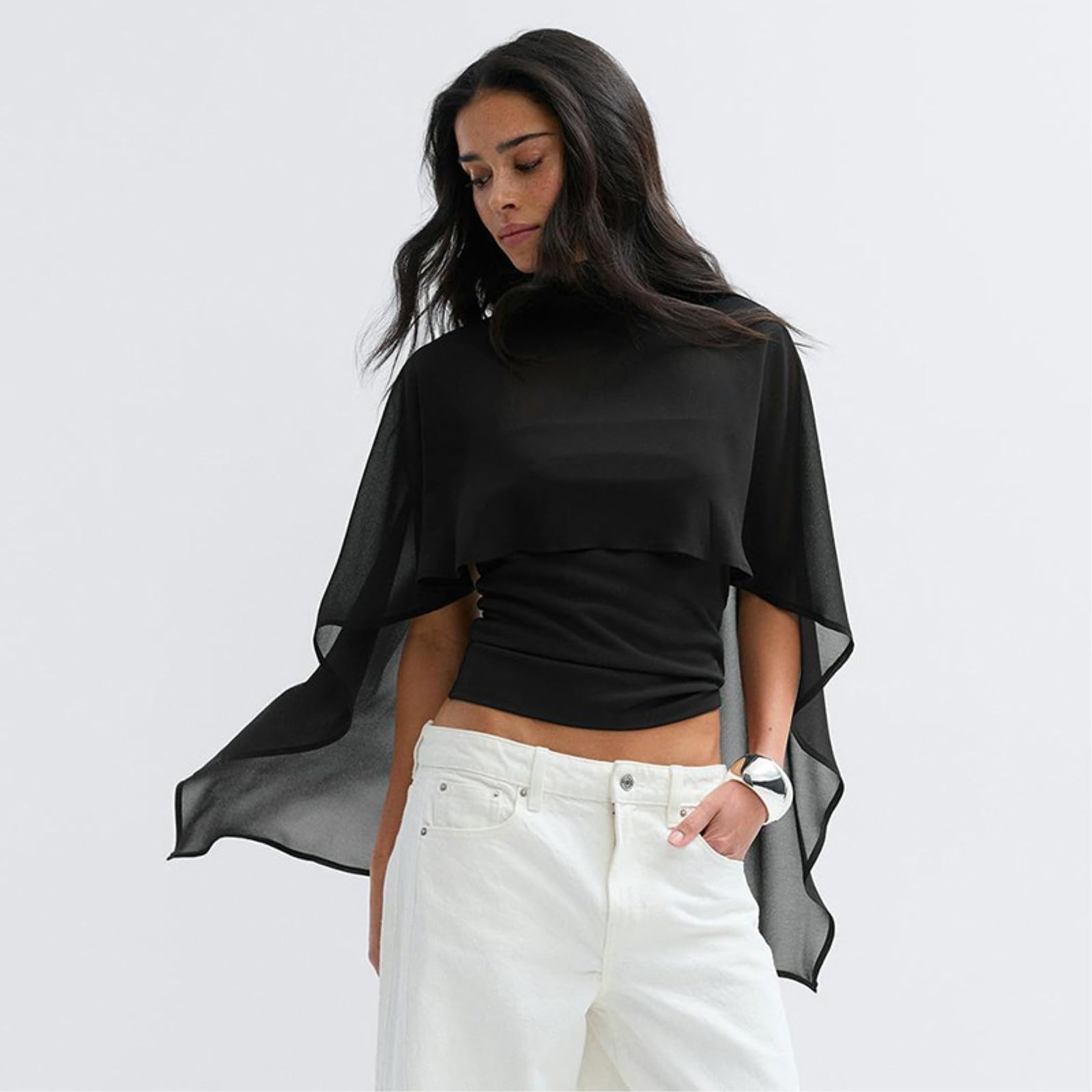 JCVBN Haut Femme Ensemble Deux Pièces Cape Transparent Crop Halter Vacances Deux Pièces | Cape Transparent | Crop Top | Halter | Vacances | Noir Abricot | Polyester