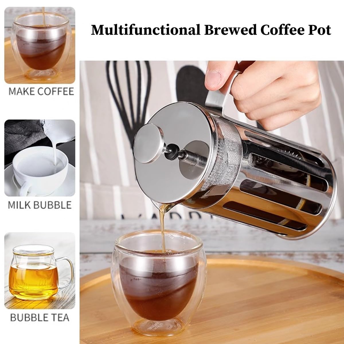 Cafetera de prensa de acero inoxidable con sistema de 3 filtros, resistente al calor, prensa francesa, diseño aislado de vidrio
