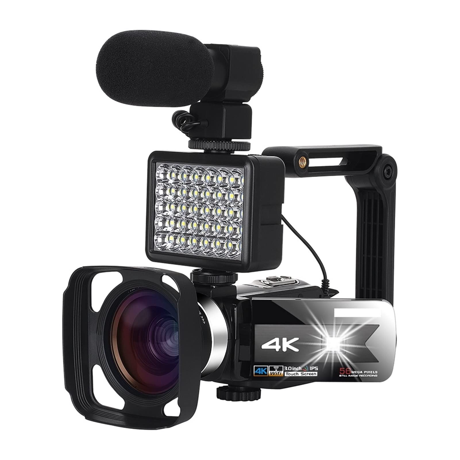 Kamera Wideo, Kamera kamery wideo 4K z mikrofonem 16x Cyfrowy zoom Vlogging Camera 5 6mp IR. Night Vision WIFI Funkcja 3,0 cala ekran dotykowy do internetowej(32G SD canrd,K1-Gray Kit)
