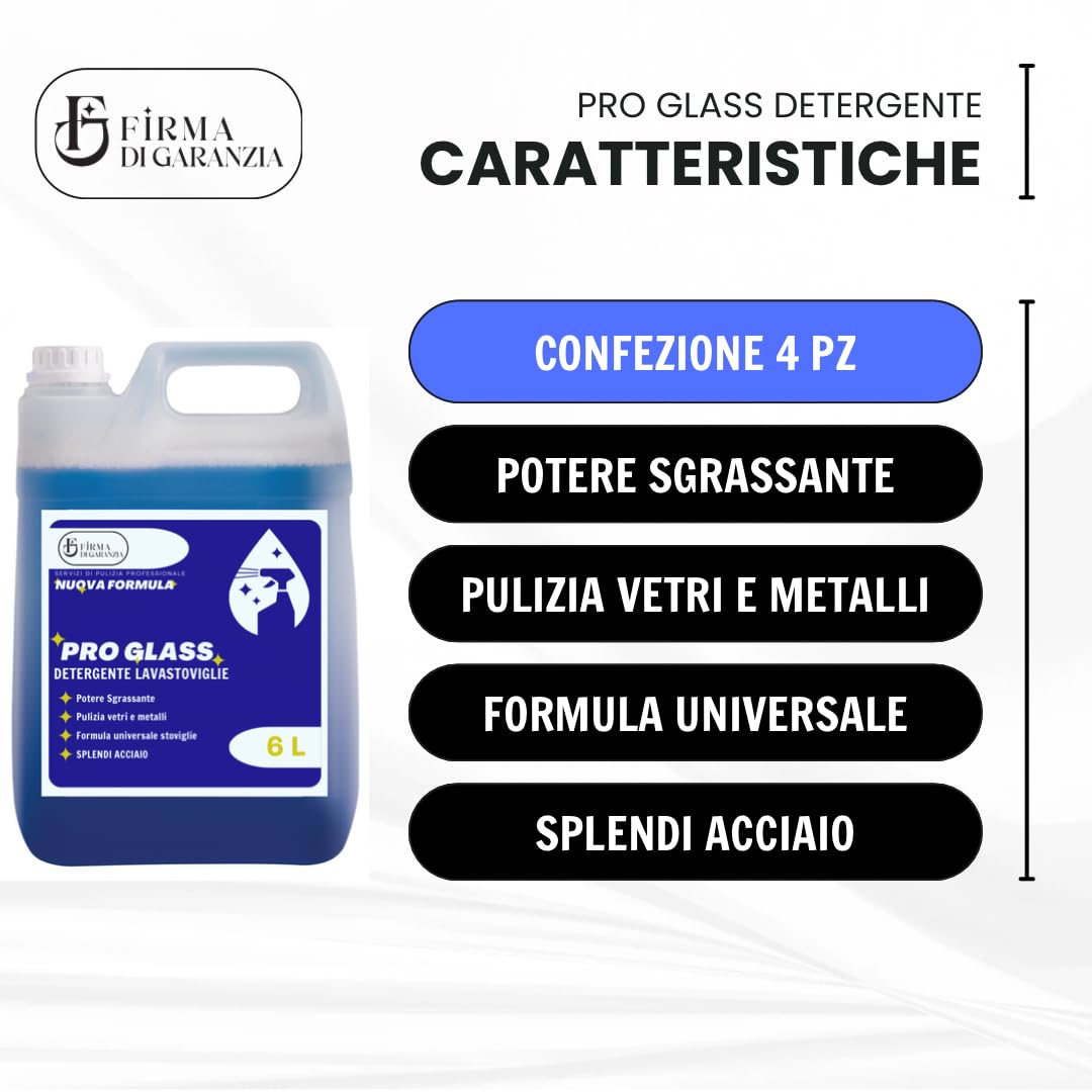Detergente Lavastoviglie professionale PRO GLASS concentrato liquido, anticalcare disincrostante cristalli e stoviglie per bar e ristoranti | Tanica detergerne 6 KG contentrato - 1pz
