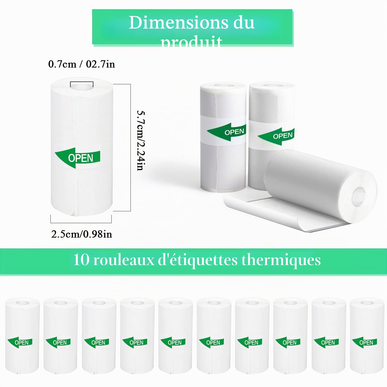 Papier Thermique 57x25mm Auto-adhésif Blanc pour Mini Imprimante, 10 Rouleaux