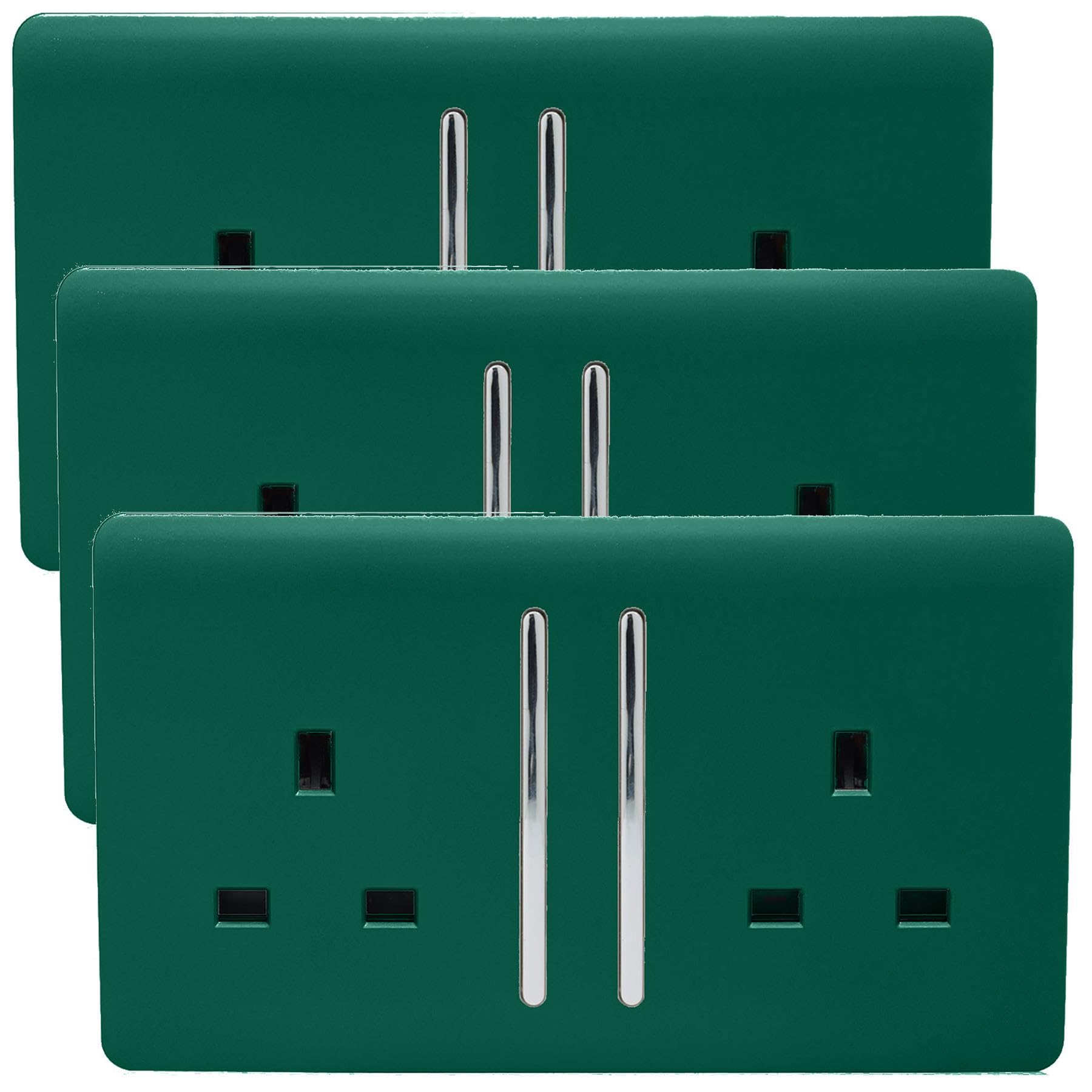 Trendi Switch 2 Gang Dark Forest Green Long Switched Plug Socket 3 Pack