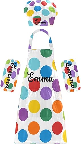 Sinestour Juego de 3 delantales y sombreros de chef personalizados con lunares arcoíris para niños