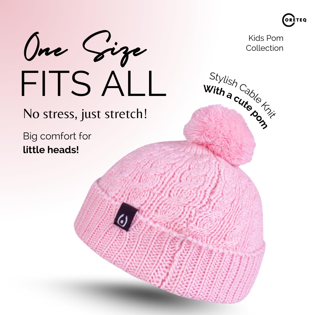 Coreteq Kids Soft Wool Winter Beanie Cap with Pom - Soft, Cozy & Warm Garam Topi - Stylish Woollen Winter Wear Cap for Girls & Boys - Acrylic Wool, Kids, 4-10 Years, Lavender