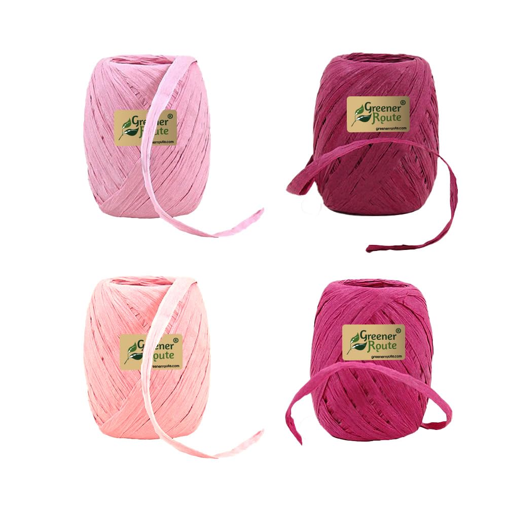 Greener Route Raffia Paper Ribbon, Choice of Colours | Eco-Friendly String Twine Bows | 100% Recyclable | Craft, Flower Ties, Packing, Gift Wrap (Light Pink, Peach, Fushia, Burgundy)