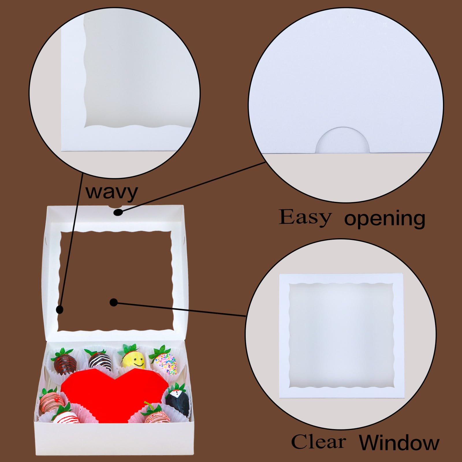 RomanticBaking 14 cajas de panadería de 9 x 9 x 2.5 pulgadas con ventana, cajas de corazón rompibles, cajas de fresas cubiertas de chocolate, cajas de galletas