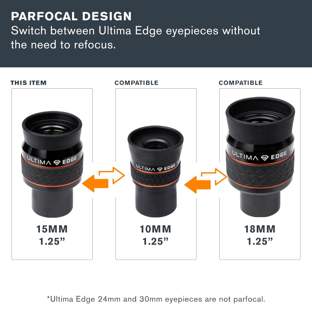 Celestron 93451 Ultima Edge 15mm Parfocal Ultra Flat Field Eyepiece Designed for 1.25" Focusers - Incredibly Crisp Views, Fully Multi-Coated Lens, Moulded Rubber Grip, Black