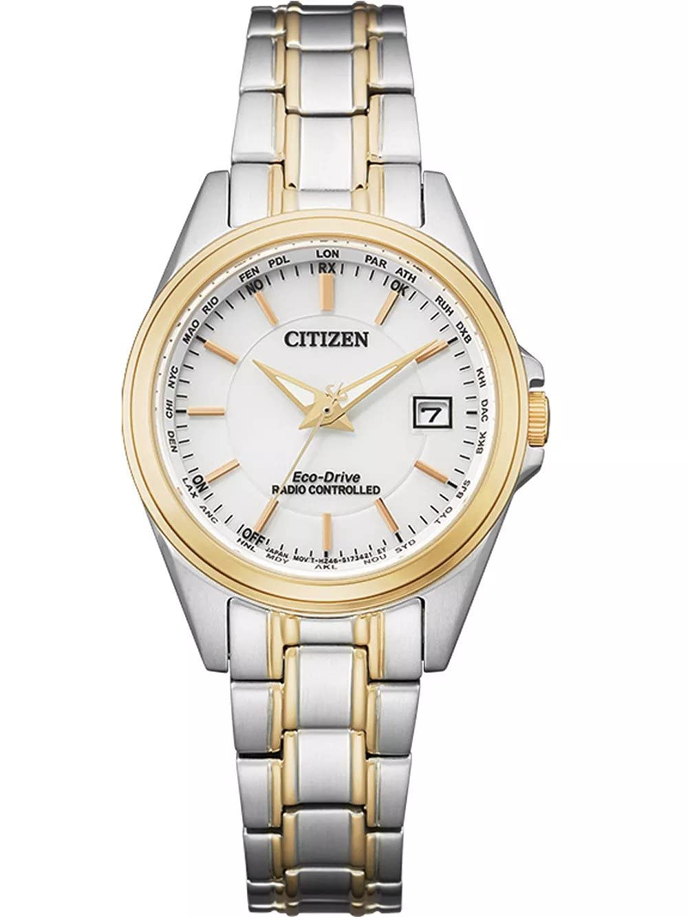 Citizen Eco Drive Radio Controlled Damen Armbanduhr aus Edelstahl in der Farbe Gold-Silber-Weiß 29mm, Wasserdichtigkeit: 10 Bar, EC1186-85A