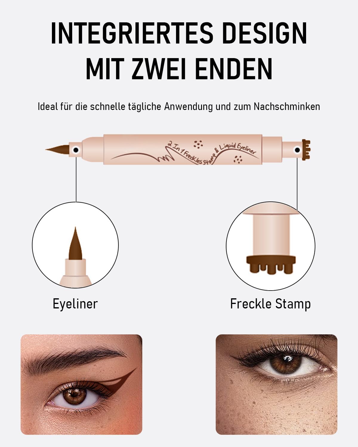 Freckles Pen i eyeliner 2 w 1, naturalnie wyglądający pisak z gąbką, wodoodporny i trwały, do makijażu twarzy i oczu (#02 średni)