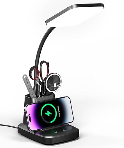 Vicsoon Lámpara de escritorio para oficina en casa lámpara de escritorio LED con cargador inalámbrico luz de escritorio regulable con 3 modos de