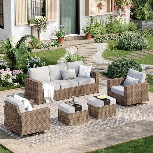 Image of MIXPATIO Patio Furniture Set, 5 Pieces Outdoor Furniture Sets, Wicker Rattan Conversation Sets with 2 Swivel Chairs and 2 Ottomans, High Back Conversation Set for Garden, Backyard, Pool, Grey
