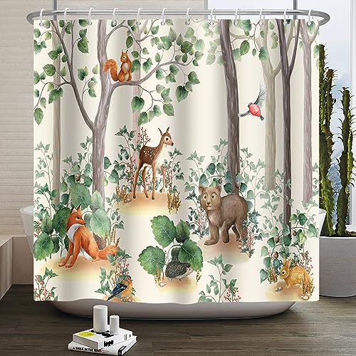SDOTPMT 120x180cm Tropischer Regenwald Duschvorhang Netter lustiger Tier Hirsch Känguru Grüne Pflanze Bad Vorhang Bauernhaus Zoo Cartoon Badewanne Vorhang für Kinder Badezimmer Dekor mit Haken