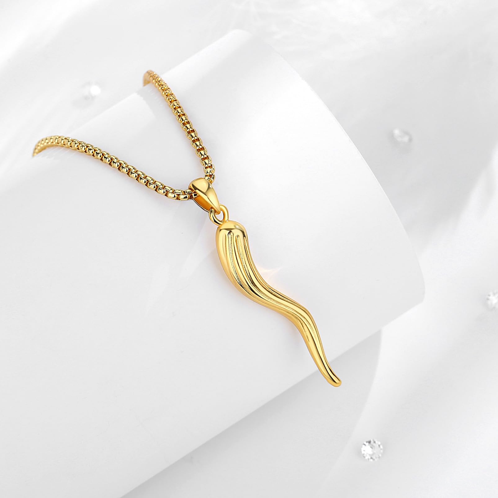 Collana con Corno Italiano in Argento Sterling 925 per Uomo e Donna, Cornice Protettiva con Amuleto di Pepe Italiano in Oro 18K, Portafortuna, Regali di Gioielli, 20"+ 2"