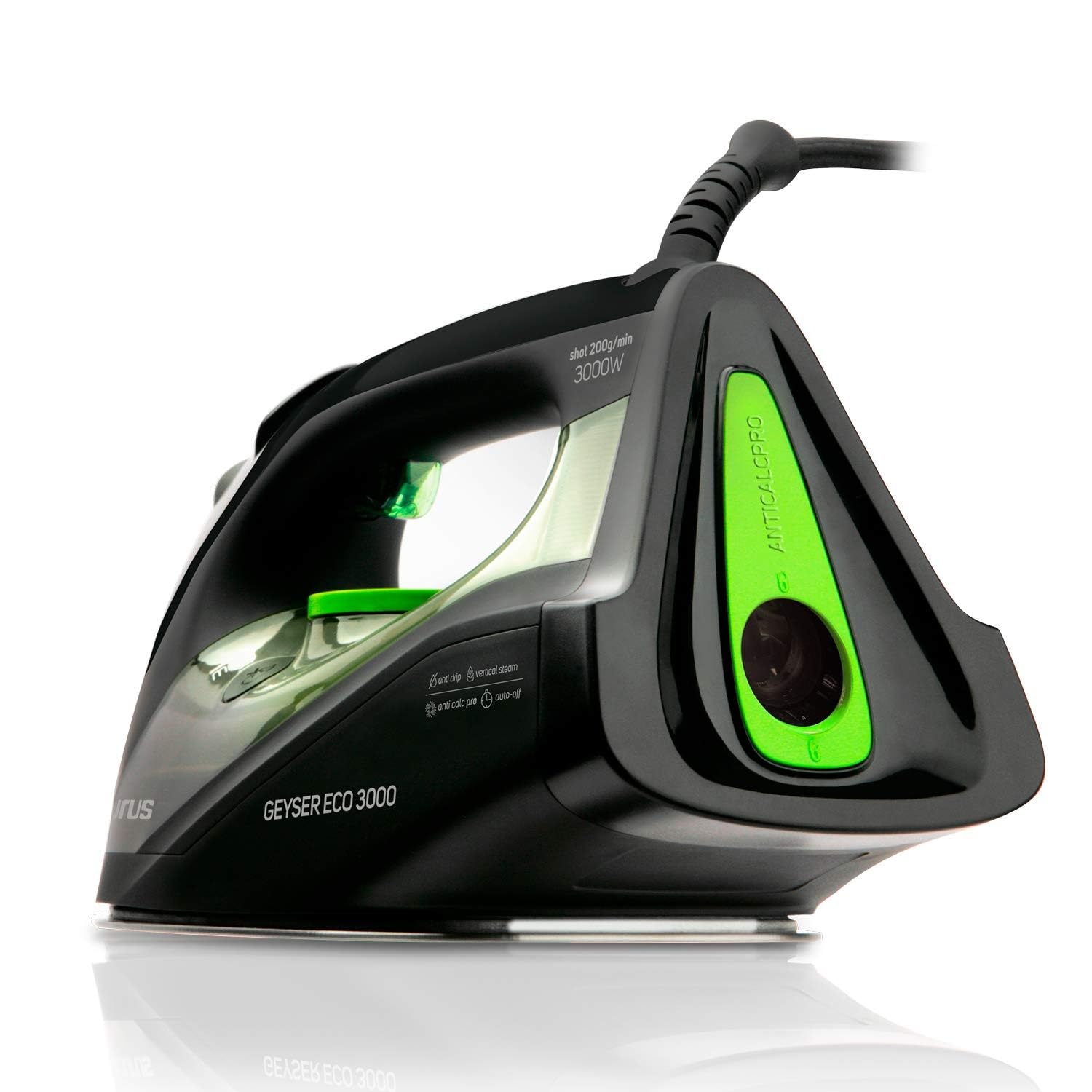 Taurus – Ferro da stiro a vapore Geyser Eco 3000,3000W,Colpo vapore 200 g/min,Punta di precisione,Regolazione vapore e temperatura,Piastra anodizzata ultra scorrevole,Nero