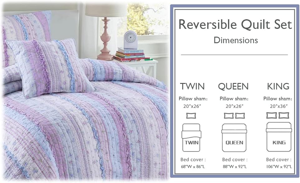 Lavender and Blue Cotton Reversible Full Quilt Set
