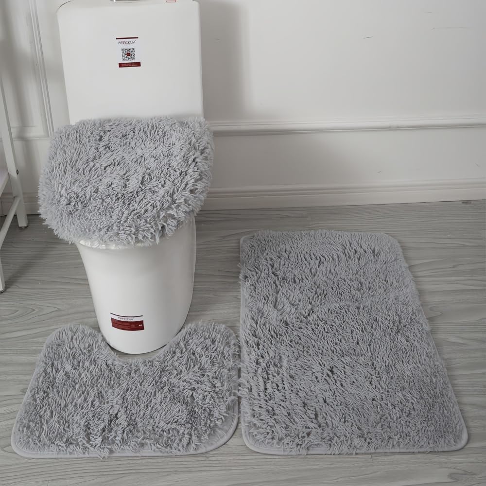 XIZHI Bathroom Rugs Sets 3 Piece,U-Shaped Toilet Floor Mat +Non Slip Rugs +Toilet Lid Cover Mat,with PVC Point Rubber Backing (Light Gray)