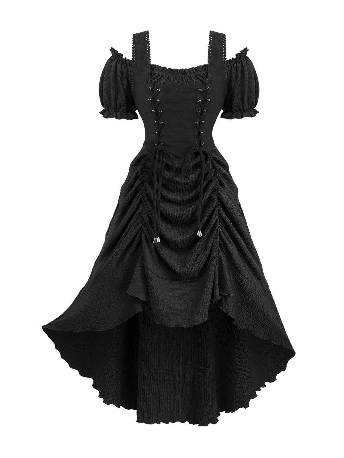 ROSE GAL Rosegal Women Plus Size Steampunk Renaissance Costume Dress Cold Shoulder Ruffles Lace-up High Low Dress - 2X - Black_1
