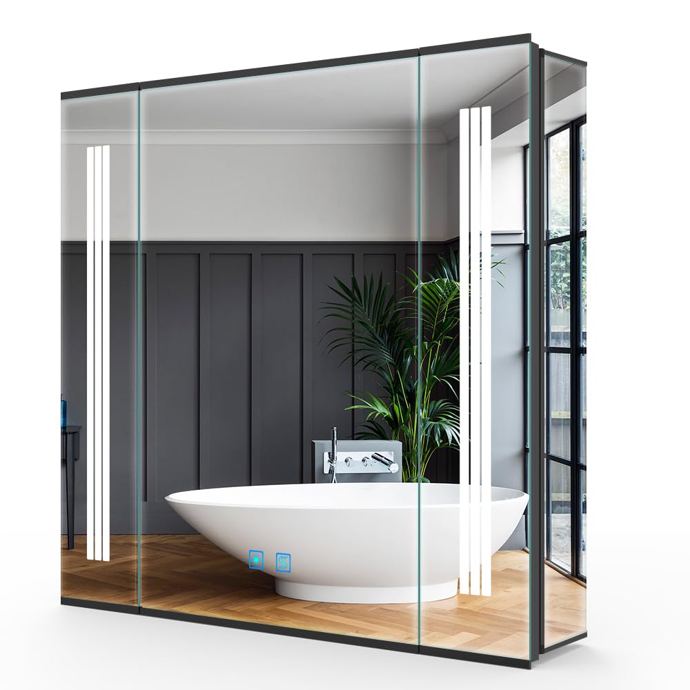 LUMIRRORS® Bathroom Mirror Cabinets with Lights, 65x60cm Illuminated Mirrored Cabinet with Built-in LED, Dimmer Switch, Anti-Fog, Dual-plug Shaver Socket, Black Mirrors Wall Mounted for Space Saving