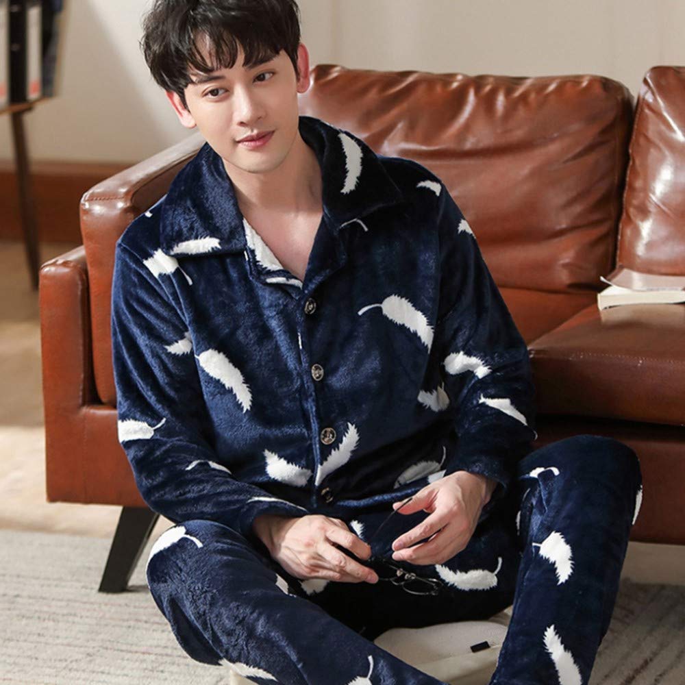 Pijama De Franela Para Hombre,Moda Invierno Cálido Hombres Pijama Grueso Pijama De Franela Conjunto 2 Pijamas Casual Hogar Usar Pijama Azul Oscuro Solapa Pluma Impresión Pantalones Simples Fiesta