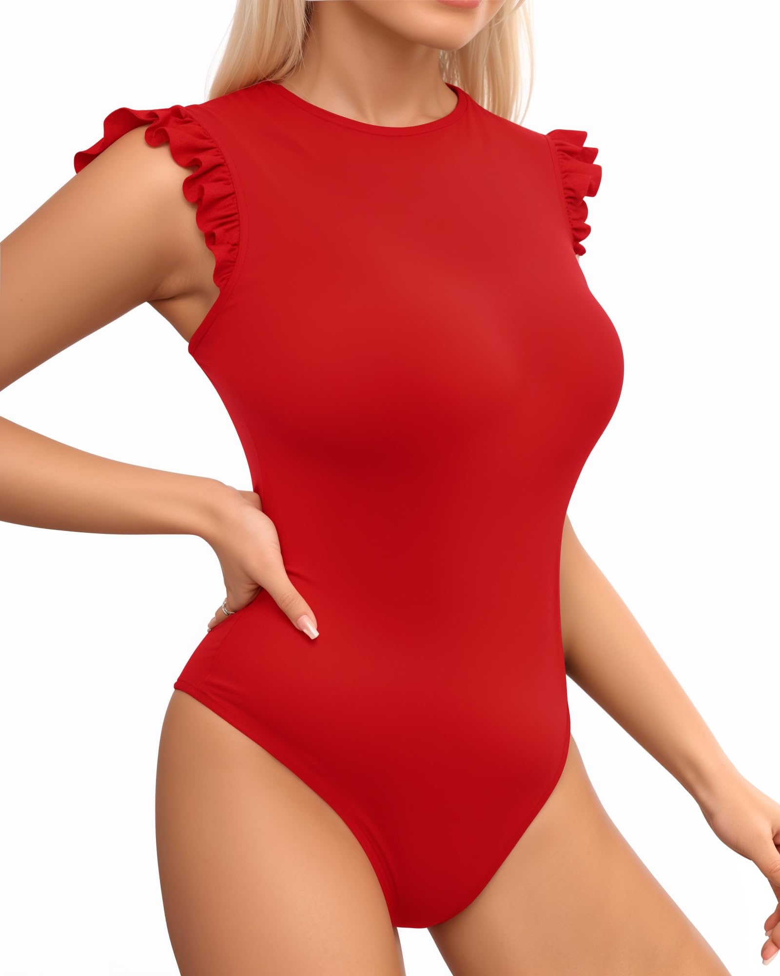 MANGOPOP Women's Body Suits Cute Crew Neck Ruffle Sleeveless Slim Fit Bodysuit Tank Tops Tight Casual Sexy